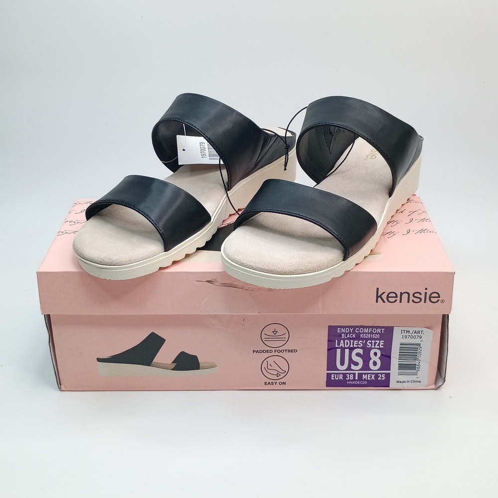 Kensie Endy Comfort Wedge Sandals Women Size 8 Black Faux Leather KS261620